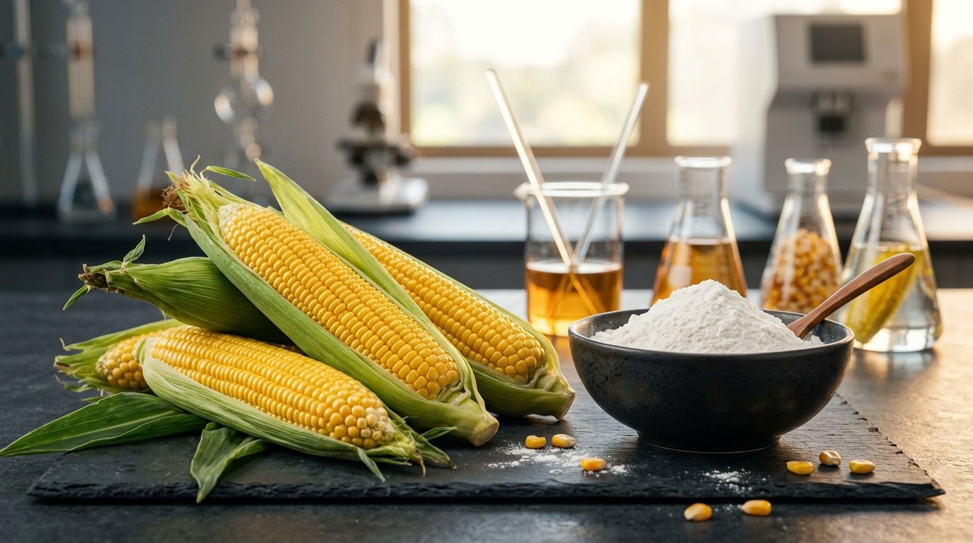 Fresh golden ripe maize corn cobs and pure white refined maize starch powder in a modern quality control laboratory