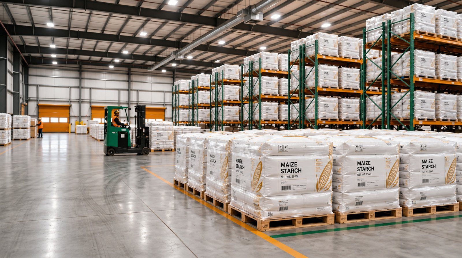 Modern clean warehouse operations with organized pallets of pure starch and derivatives